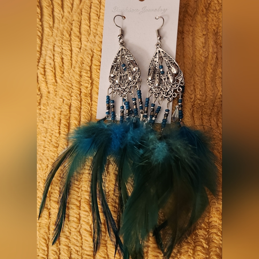 Blue Feather Earrings Silvertone